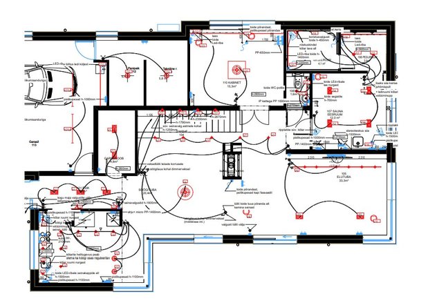 Näide sisearhitekti käe alt valminud elektri- ja valgustuslahendusest plaanil.
