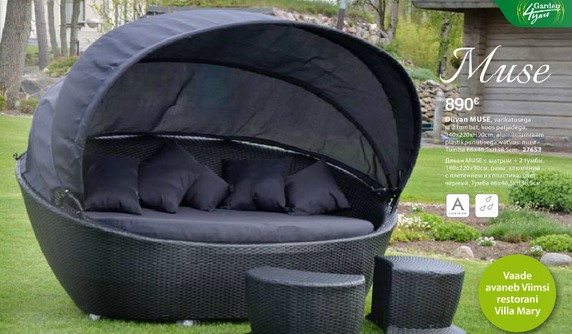 Kõigi lemmik MUSE on koduaia süda. Komplekt on piisavalt suur, et ennast mõnusalt lõunauinakuks pikali visata, vt lk 39. Allikas: www.home4you.ee