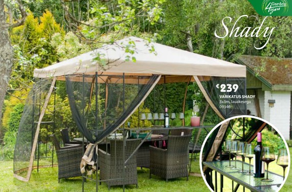 Varikatus SHADY 3x3 terasraamiga, külgedel sääsevõrgud, vt lk 75. Allikas: www.home4you.ee