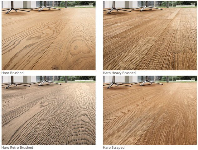 Pildil Haro 4 erinevat harjamistehnikat puhastavad puidu pehmetest osadest, lisavad tugevust ja annavad parketile äärmiselt loomuliku välimuse. Source: floorin.ee