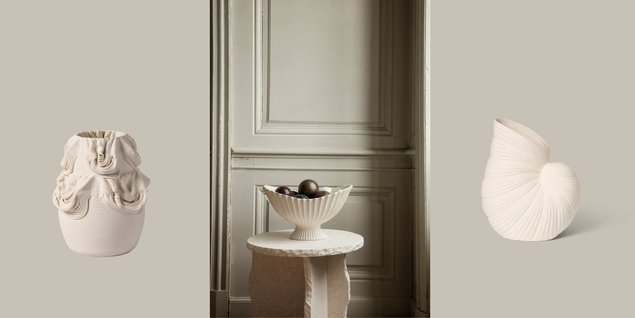 Pildil: Ferm Living aksessuaarid  Drisca vaas, Fountain kauss, Shell vaas