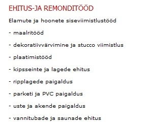 Klassikaline ehitusfirma teenuste nimekiri, mis ei on üldine ja ei paku väärtust