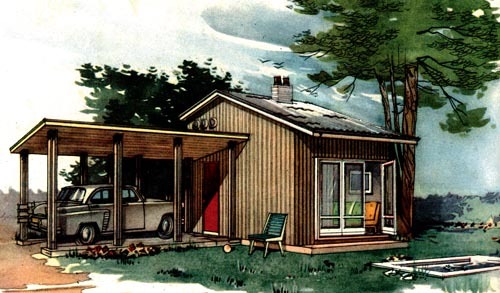 50 aasta tagune nägemus suvemajast. Soovitati klaasuksi ja varjualust auto jaoks. T. Kallase joonistus 1958. a ajakirjast Kunst ja Kodu.