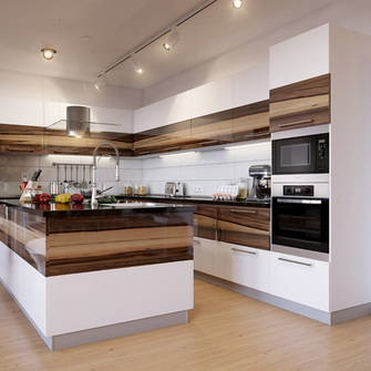   Kaasaegne köök - kõrgläikeline  valge ja pruunides toonides kombineeritud lahenus mõjub hinnaliselt ja kvaliteetselt.  
   Alkuperä:   stylebust.com  