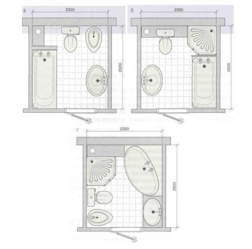 Kolm erinevat standartset  ca 5 ruuduse vannitoa lahendust Source: plans-designs.com